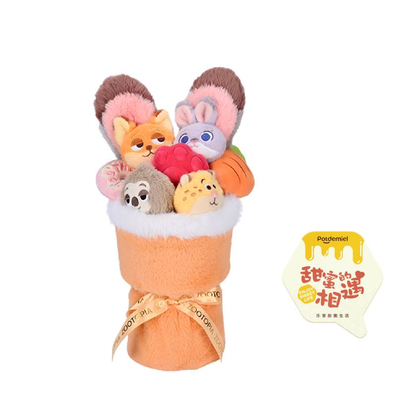 POTDEMIEL Honey Jar × Disney/Disney Zootopia Judy Nick Reunion Moment Bouquet Scented Preserved Flower Cute and Romantic Doll Plush Doll 42cm Height