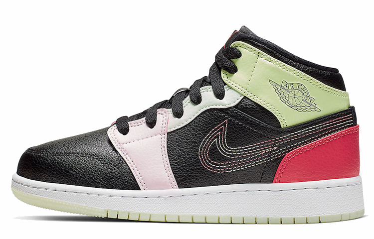 Кроссовки Jordan JordanAir Jordan 1 Mid Glows In The Dark GS (черный / розовый / красный / зеленый / белый)