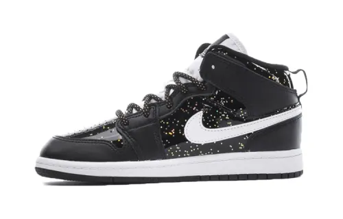 Jordan Air Jordan 1 Mid SE Casual and Versatile Non-slip and Wear-Resistant Mid-top Children's Basketball Shoes Black Splashed Starry Baby's Breath for Children