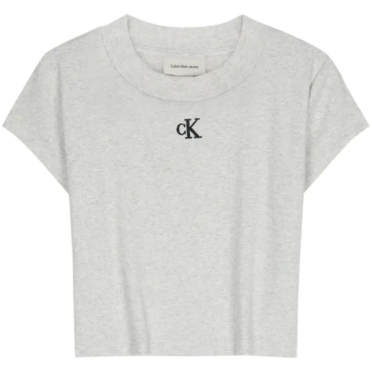 CALVIN KLEIN Jeans женская эластичная футболка в рубчик с короткими рукавами и вышивкой на правое плечо