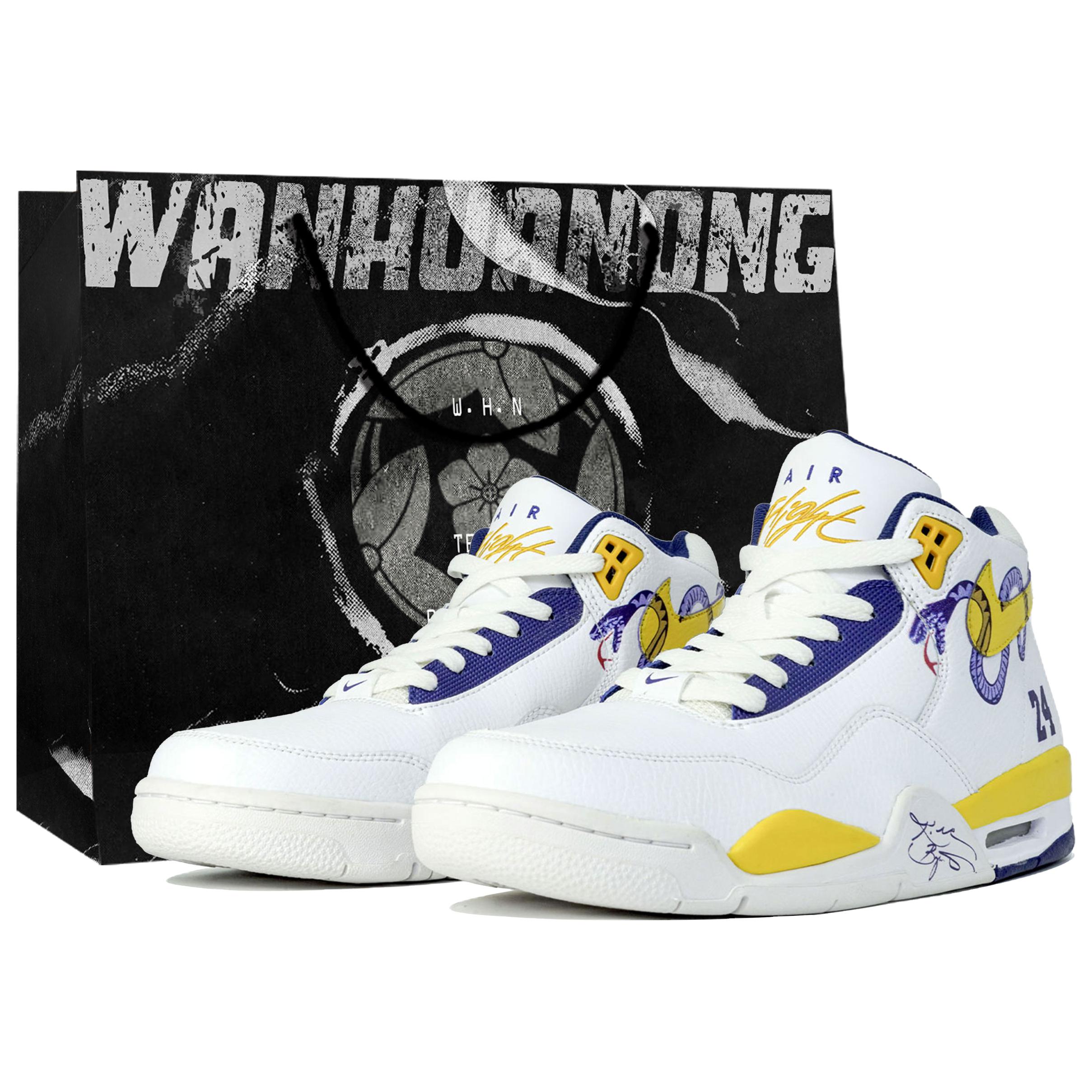 Nike Flight Legacy Kaleidoscope, Purple Gold Black Mamba, Box Mid top Vintage Basketball Shoes Men’s Yellow White