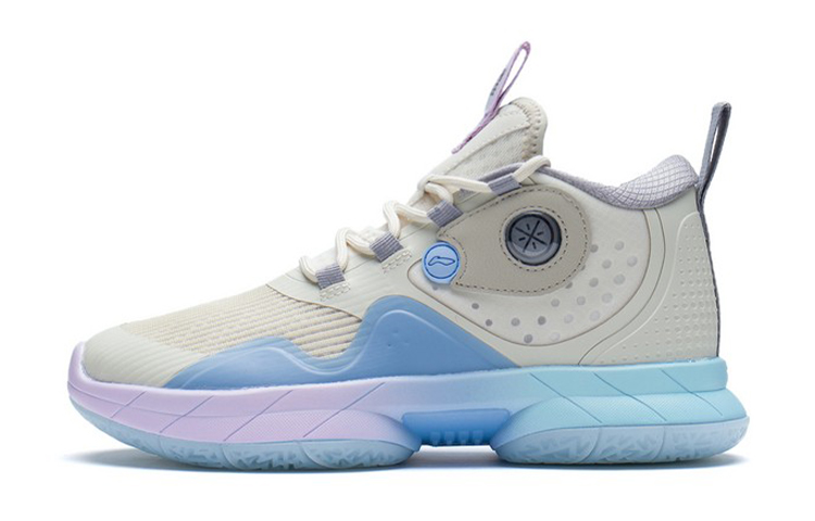 Li Ning children's PU (polyurethane) mid-top basketball shoes pearl white and blue youth