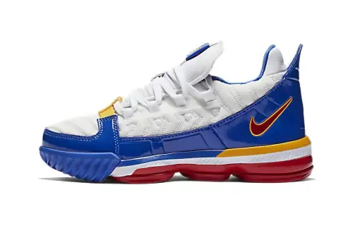 Nike Lebron 16 SuperBron Patent Leather Lebron Superman Practical Shock Absorbing Support Low Top Children's Basketball Shoes White and Blue Small and Medium Children
