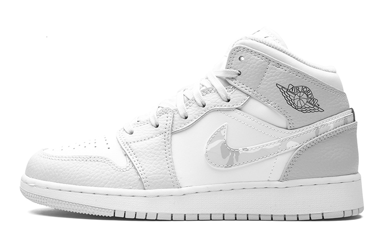 Jordan Веер из синтетической кожи Air Jordan 1 Mid «Grey Camo» цвет Маленький Диор нескользящие Амортизация средней высоты детские баскетбольные кроссовки белый Пепел
