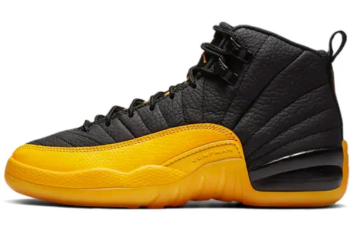 Jordan Air Jordan 12 Retro University Gold Leather Round Toe Lace Up Comfortable and Versatile Shock Absorption Wear-Resistant Support High Top Children's Basketball Shoes Black Gold