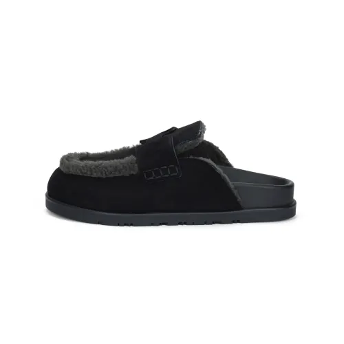 HERMES Round Tip Genuine Leather Sole Closed Toe Slippers Women's Black
