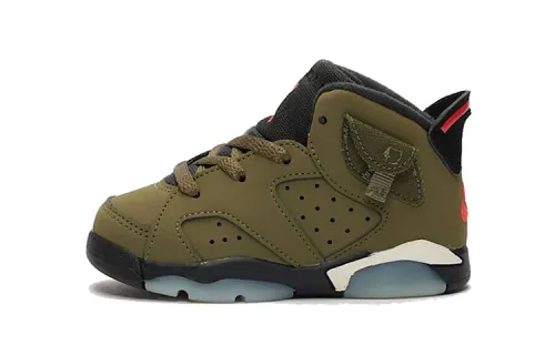 Travis Scott x Jordan Air Jordan 6 Comfortable Everyday Shock Absorbing Wear-Resistant High Top Toddler Shoes Olive Green Infants and Toddlers