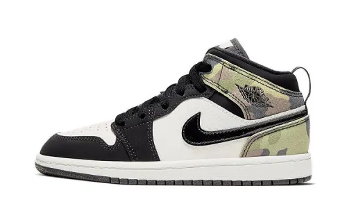 Jordan Air Jordan 1, comfortable and versatile, non-slip, shock-absorbing and wear-resistant, mid-top children's basketball shoes, camouflage, for children and middle-aged children