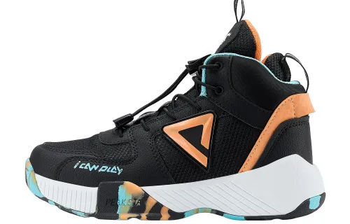 Peak synthetic leather non-slip ankle high top children's basketball shoes black orange