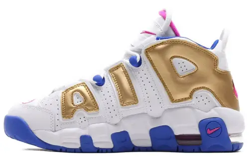 Nike Air More Uptempo Fuchsia Blast Metallic Gold Lightweight Shock Absorbing Wear Resistant Mid Top Children's Basketball Shoes White Blue Gold