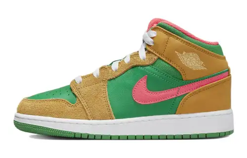 Jordan Air Jordan 1 Mid Slip Resistant Cushioning Abrasion Resistant High top Basketball Shoes Green Yellow Unisex