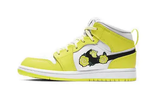 Jordan Air Jordan 1 Mid SE BP Flower Yellow Rose Mid-top Children's Basketball Shoes Yellow and White Color Blocking for Children