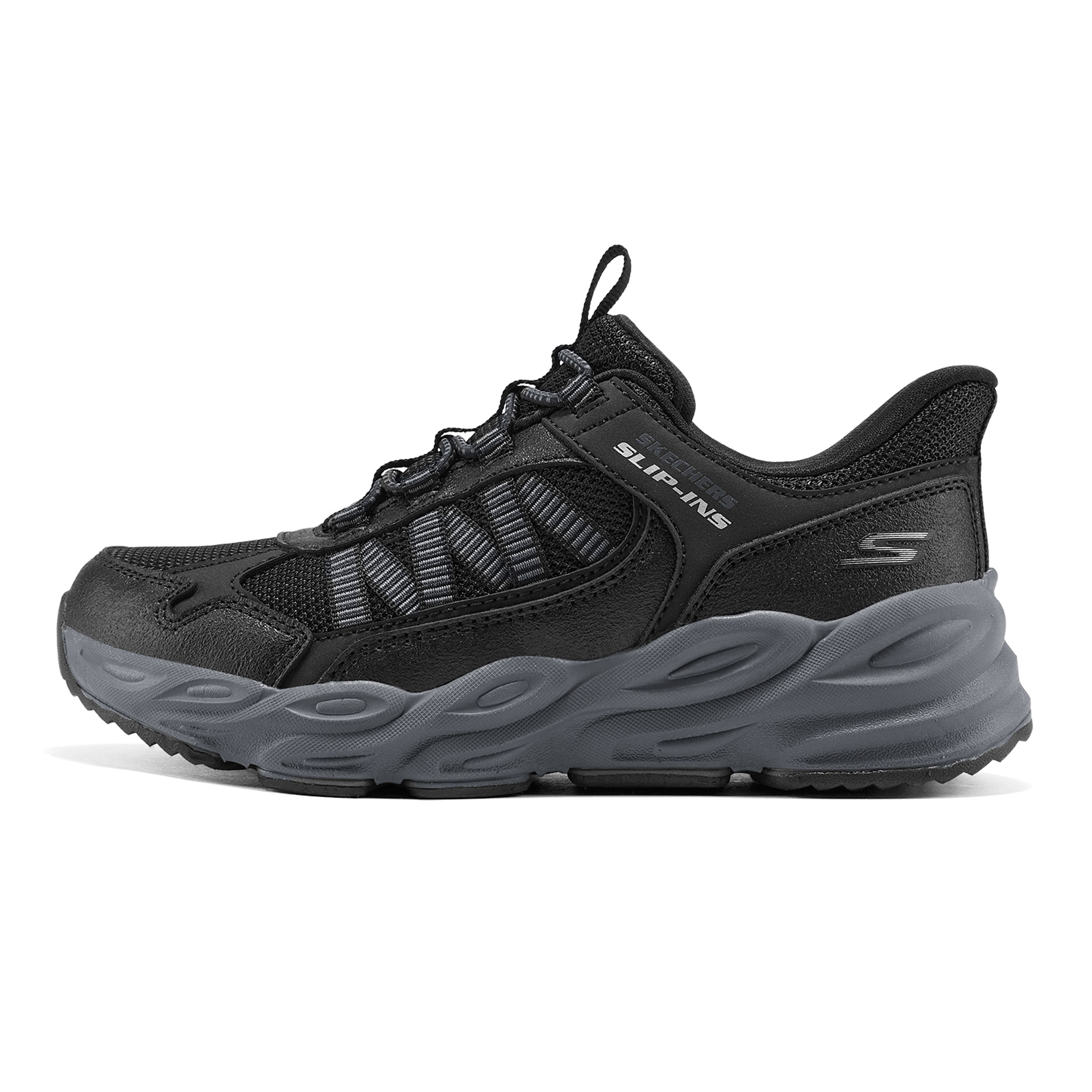 Skechers kids Skechers children's synthetic leather fabric autumn versatile fashion trend breathable and comfortable sports shoes boys wear and take off outdoor flash shoes non-slip wear-resistant lightweight shock absorption running shoes black children's style