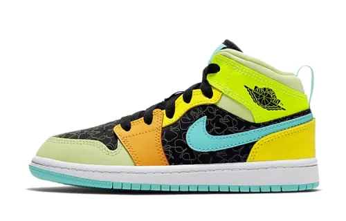 Jordan Air Jordan 1 Mid SE candy four-leaf clover non-slip wear-resistant mid-top children's basketball shoes yellow green small and medium-sized children