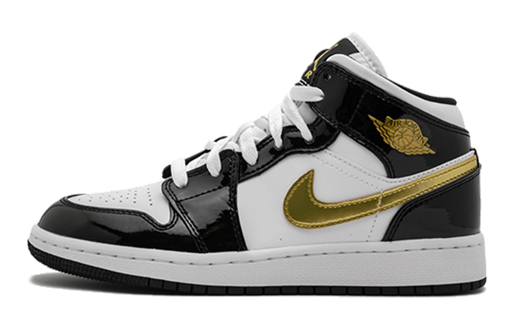 Jordan Air Jordan 1 Mid Patent Black White Gold patent leather cool versatile non-slip mid-top children's basketball shoes black gold