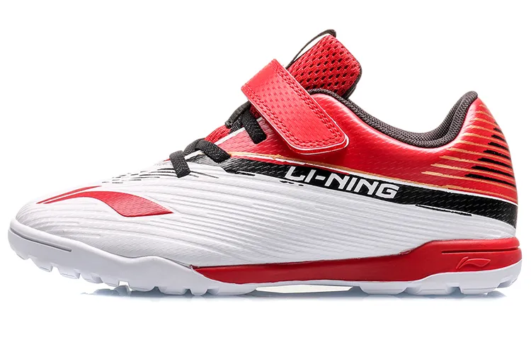 Li Ning YOUNG Slip Resistant Cushioning Abrasion Resistant Low top Kids' Soccer Shoes Red White Teenagers
