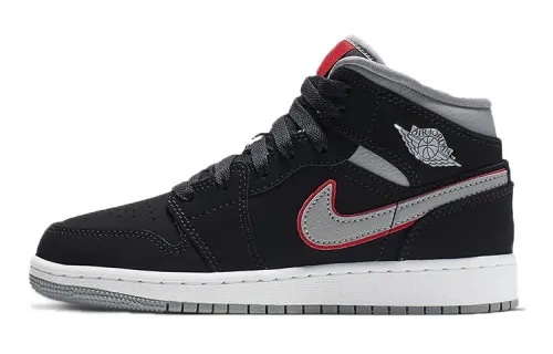 Jordan 1 Mid Black Particle Grey Gym Red GS