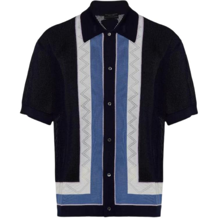 PRADA Prada SS24 patterned intarsia knitted lapel single-breasted short-sleeved cashmere sweater for men, black