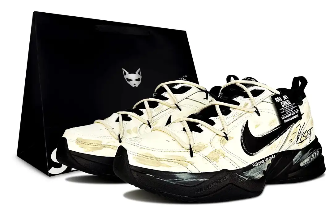 Nike Air Monarch 4 White Navy Free Letter Low top Chunky Sneakers Unisex Beige Black