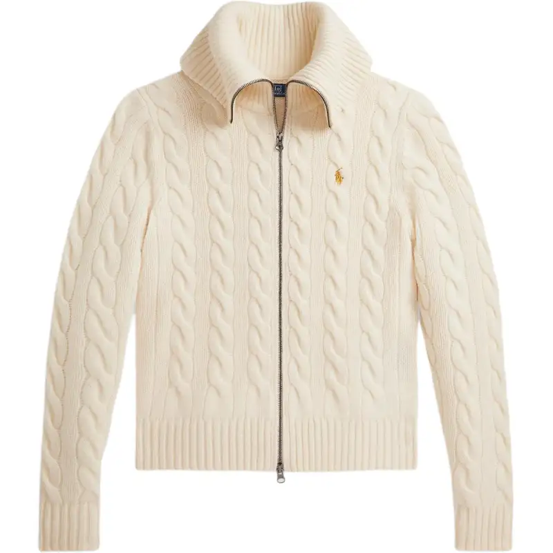 Polo Ralph Lauren Woolen cashmere pony, knitted long-sleeve with zipper, cream sweater, with embroidery, with a zipper, loose straight fit
