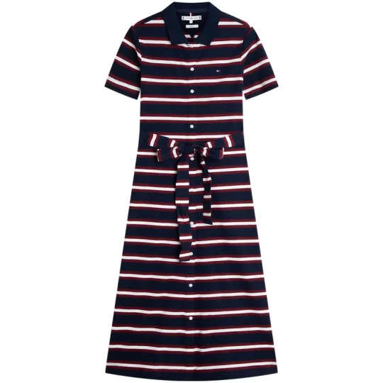 Tommy Hilfiger женское сетчатое платье из пике со шнуровкой на талии и короткими рукавами для похудения с лацканами Tommy Hilfiger