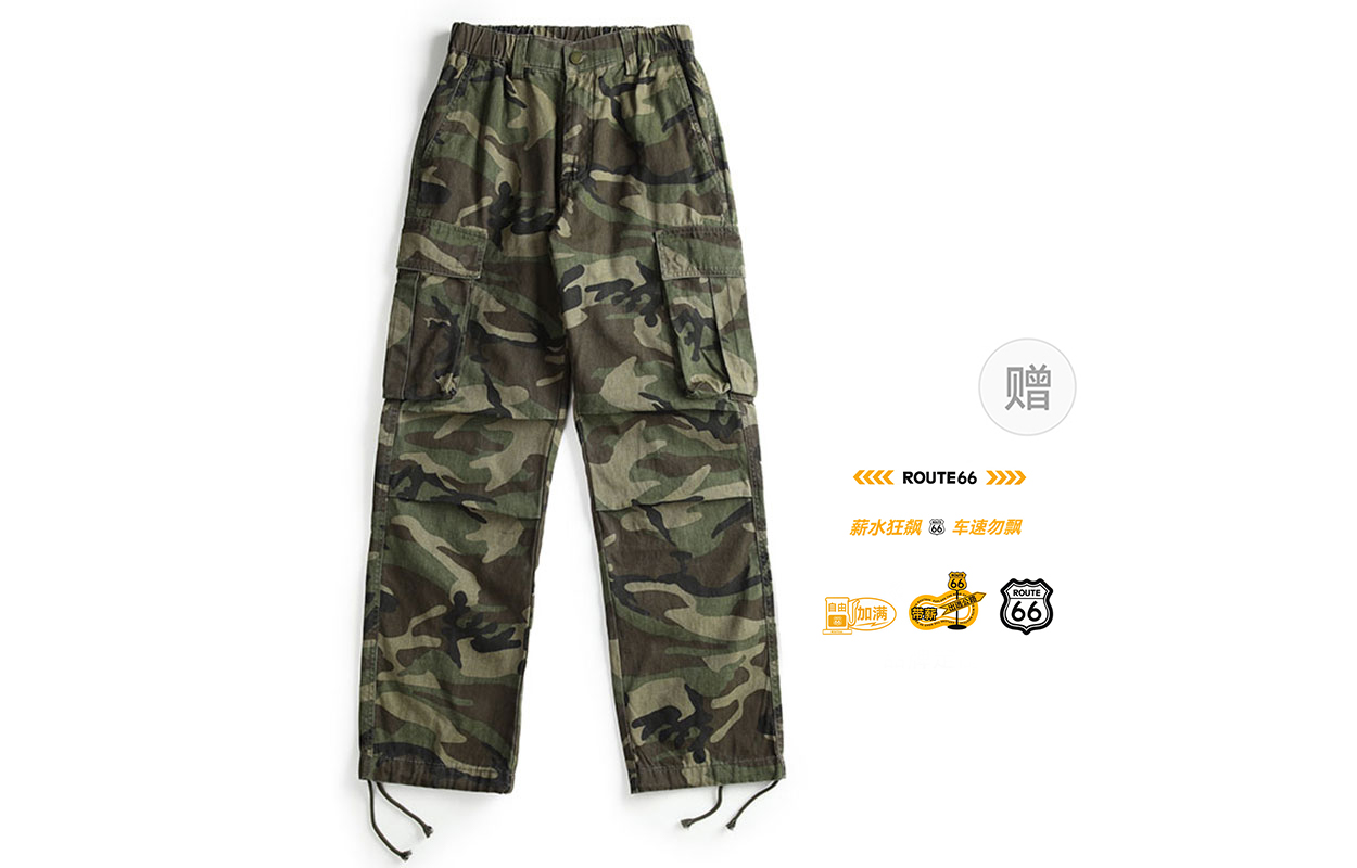 Route 66 ROUTE 66 camouflage workwear slim straight American retro vibe style multi-pocket washed distressed wide-leg trousers loose casual pants same style for men and women