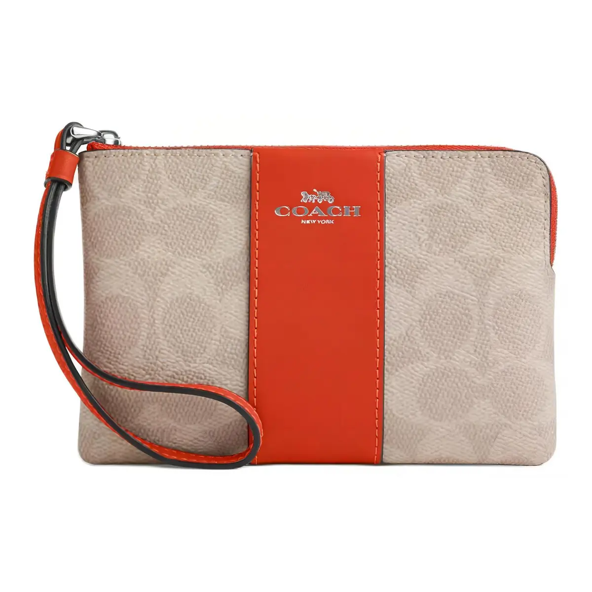 COACH Corner Zip Coated Canvas With Leather Clutch Small Women's Sand & Dark Orange