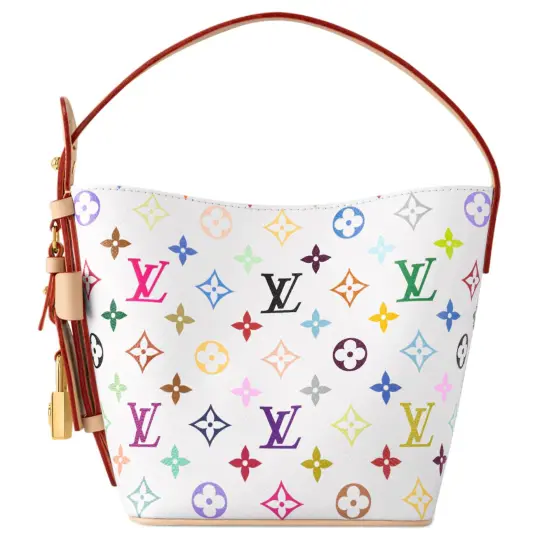 Совместная модель LOUIS VUITTON x Takashi Murakami All In BB, белый трехцветный логотип с буквами и монограммой, холщовая сумка-ведро с монограммой, сумка через плечо, маленький размер, женская, белая