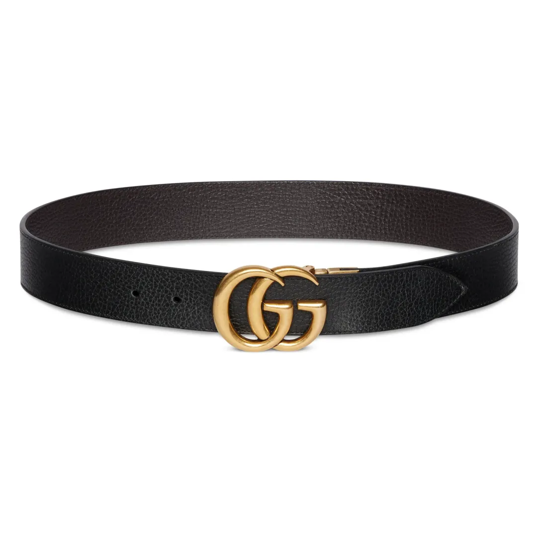 GUCCI Double G Brass Buckle Reversible Textured Leather Belt 1.5W