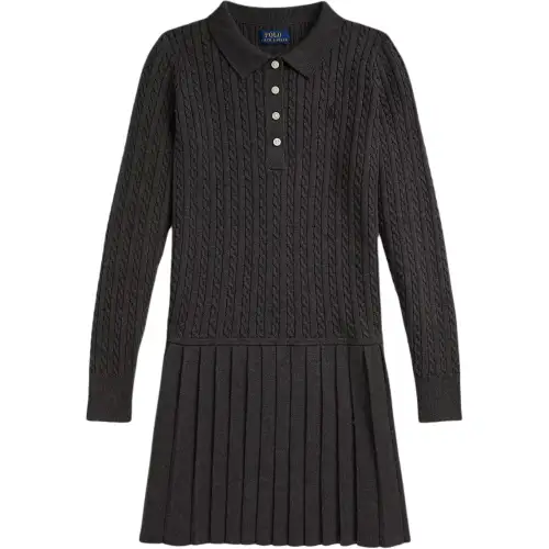 Polo Ralph Lauren Dress FW25 preppy pony embroidery solid mini cable-knit cotton blend three-button Polo collar pullover long sleeves low-rise short pleated skirt Windsor Gray Teen