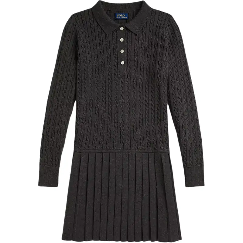 Polo Ralph Lauren Dress FW25 preppy pony embroidery solid mini cable-knit cotton blend three-button Polo collar pullover long sleeves low-rise short pleated skirt Windsor Gray Teen
