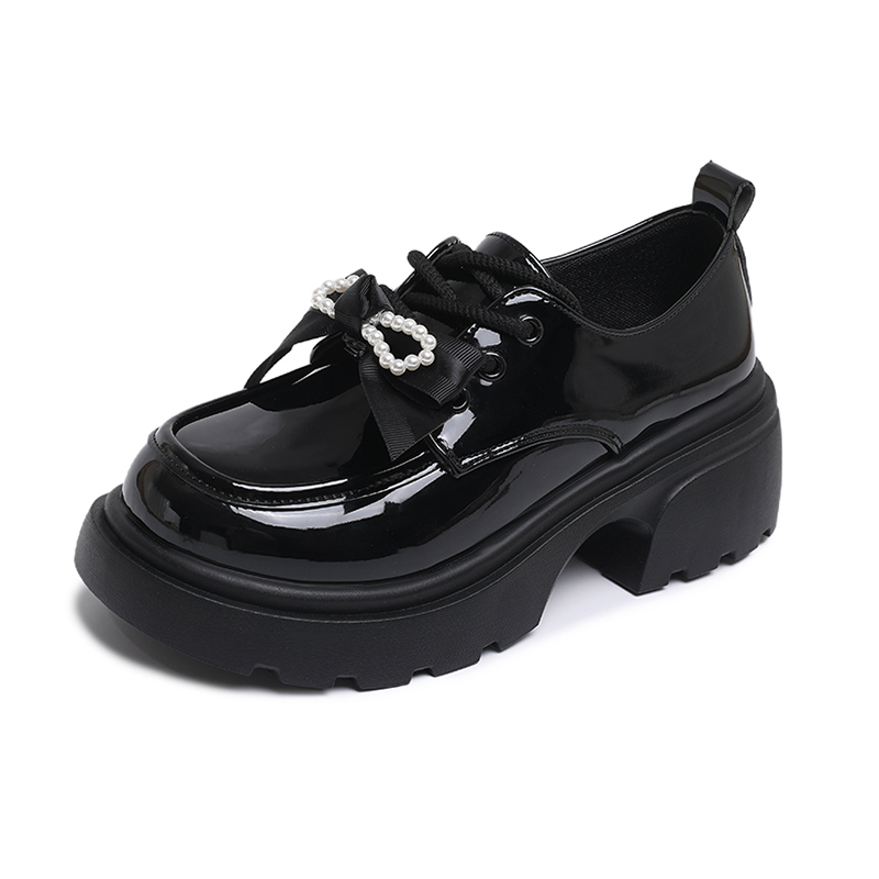 Jumu British style small leather shoes with skirt beaded bow single shoes thick sole loafers 5CM women