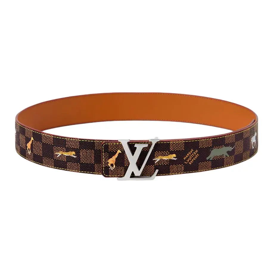 LOUIS VUITTON Initiales Canvas Leather Belts Men's Brown/Orange Width 4cm
