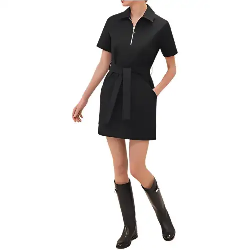HERMES Short Sleeved Dresses Women's Black Square Collar Moderate Short