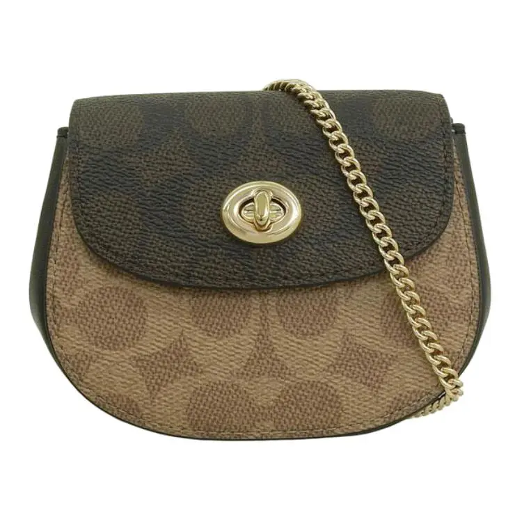 COACH Turnlock Coated Canvas Shoulder Bag Mini Women's Gold & Peachwood & Brown & Umber