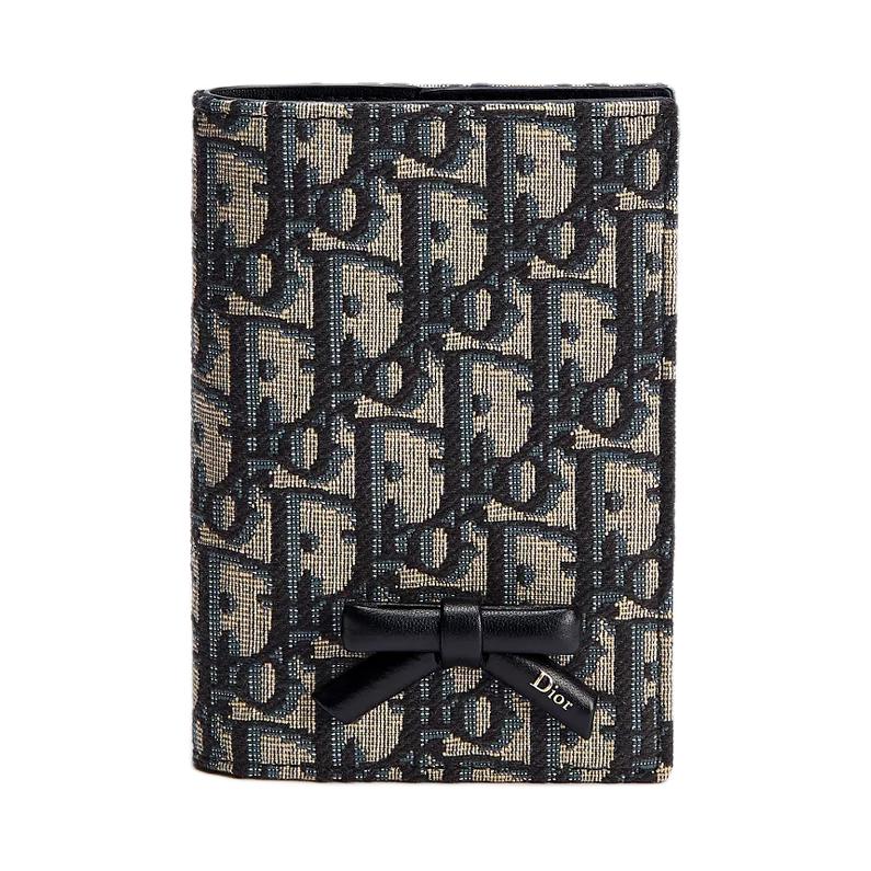 DIOR Dior OBLIQUE Bow Bow Decorated Letter Print Cotton and Cow Leather Passport Bag Women's Blue