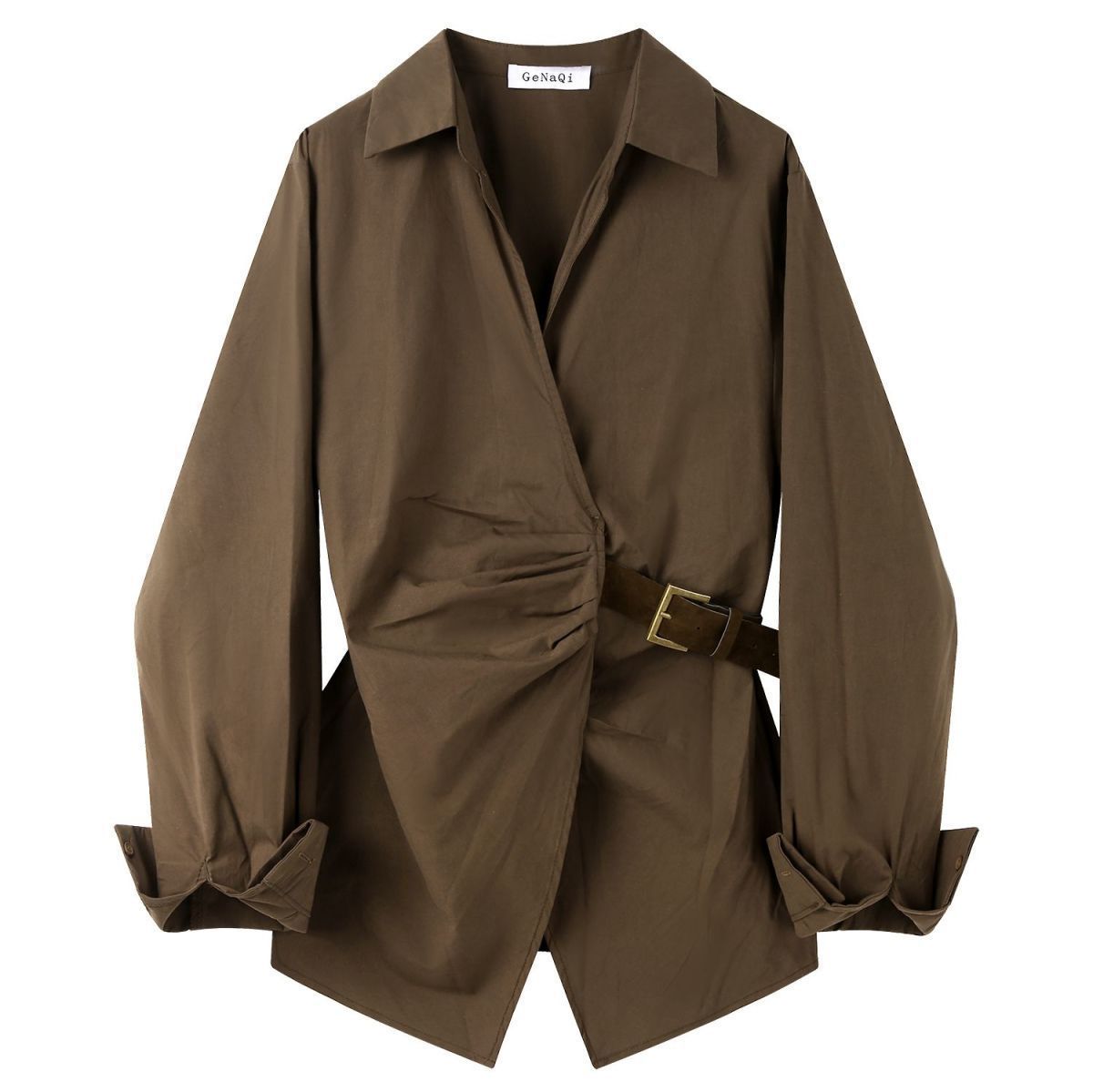 Fitted autumn demi-season brace, fashionable long-sleeve, shirt, Korean style, V-neckline