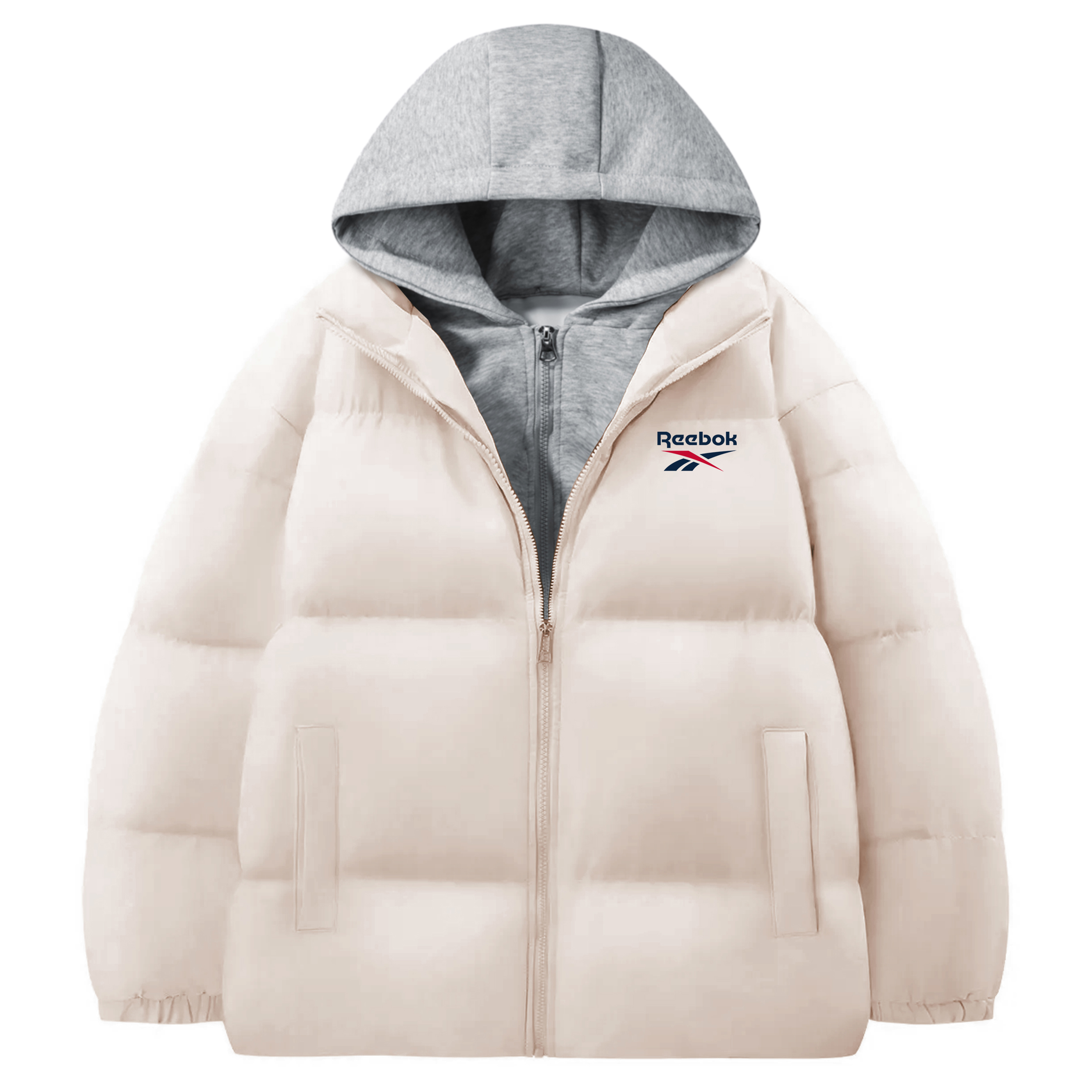 Reebok Чимэг салхины хамгаалалттай дулаахан элэгдэлд тэсвэртэй иж бүрдэл, эвтэйхэн, бүх нийтийн загварлаг чиг хандлагатай, эрэгтэй эмэгтэй чөлөөт цагаа өнгөрөөх зориулалттай, америк загвартай, логоны дардастай, сул загвартай, зөөврийн хүрэм