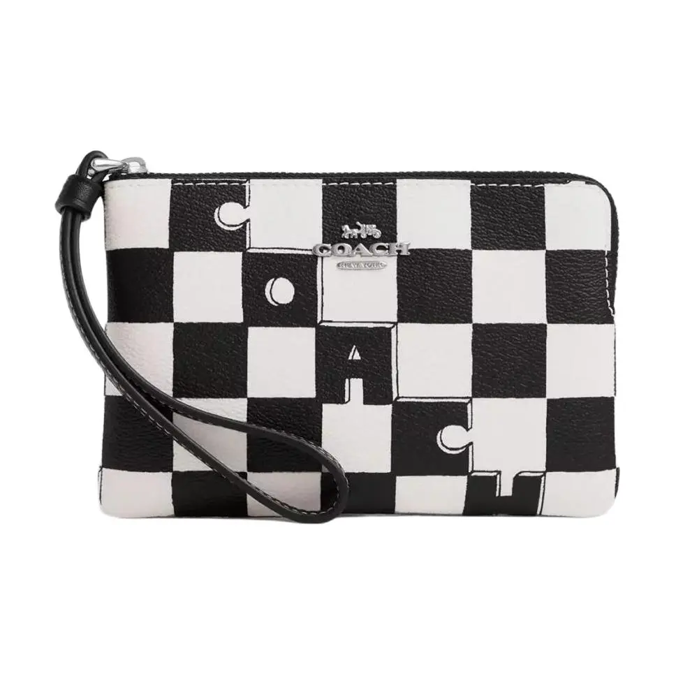 COACH Corner Zip Canvas With Leather Wallet Clutches Women's Black