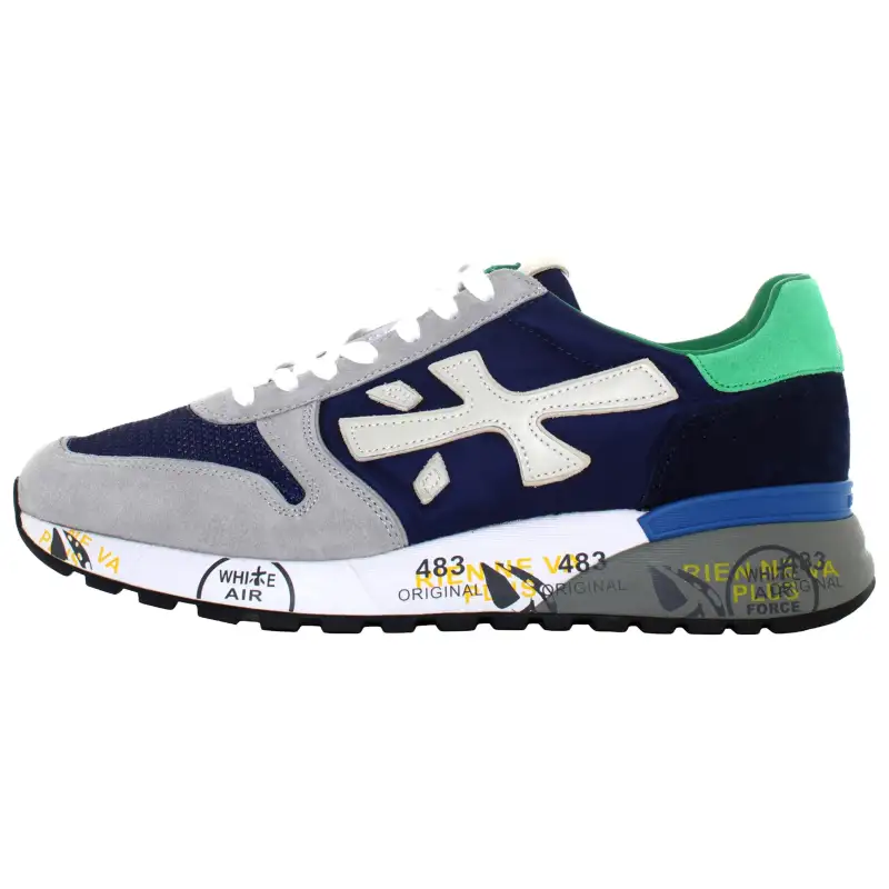 PREMIATA Textile, Leather Low top Casual Shoes Men's Gray Blue