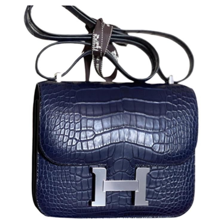 HERMES Hermès Constance 19 Silver Buckle Matte Crocodile Crossbody Bag 19 Women 73 Bleu Saphir Sapphire Blue