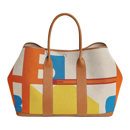HERMES Garden Party H Plume Hermès Pacific Canvas With Negonda Calfskin Handbag 49 Women's Orange Red & Light Beige