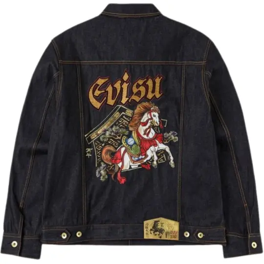 EVISU SS26 Год Лошади, ограниченная серия, пуговицы, двойной карман, логотип, вышитый логотип, свободная джинсовая куртка на спине, мужская подарочная коробка
