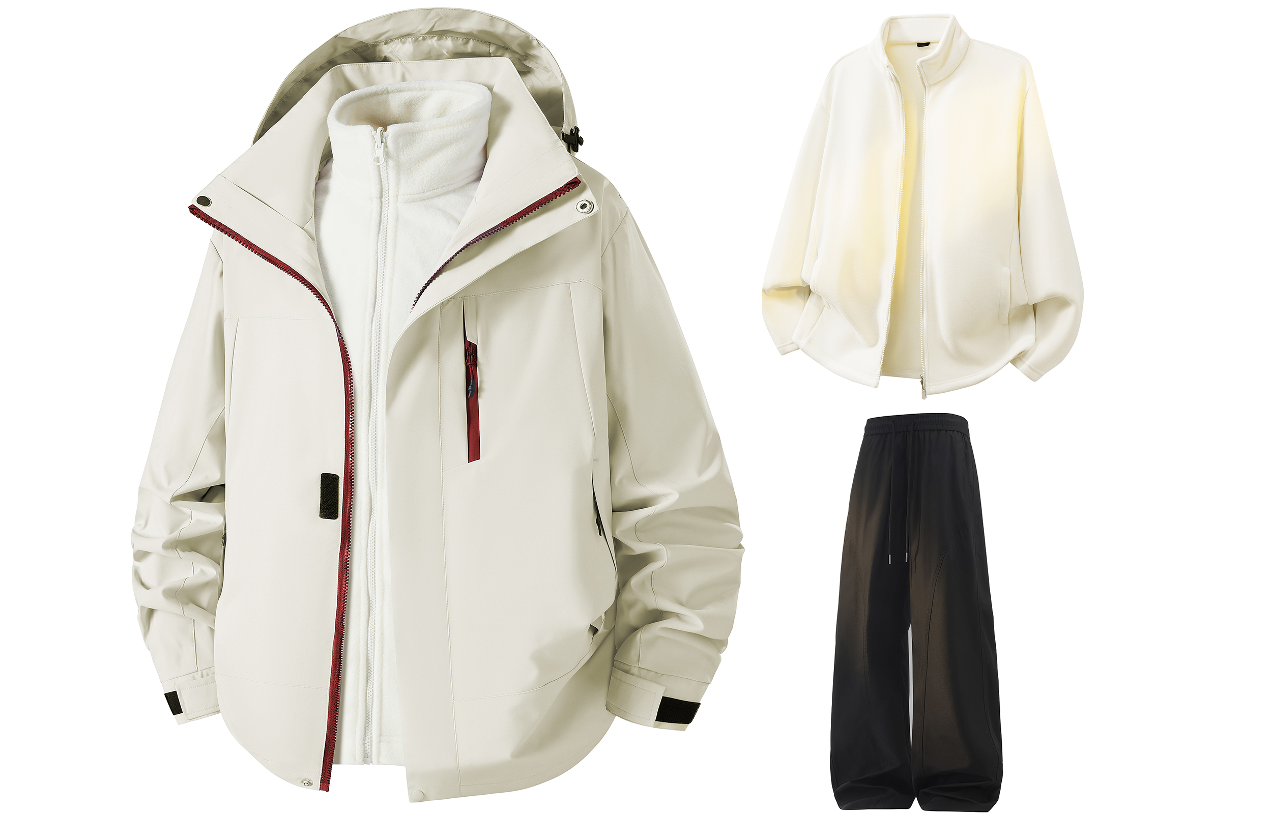Warrior, travel sports removable fleece liner outside climbing, keep warm wear-resistant hoody, windproof water repellent jacket, trousers, set, 3 pieces, simple and elegant design, three-in-one