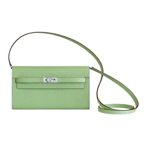 HERMES Kelly To Go Silver Tone Buckle Epsom Calfskin Crossbody Wallet Regular Women's Locust Green & Dusty Blue