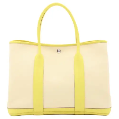 HERMES Garden Party Cowhide Patchwork Canvas Handbag 30 Women's Beige/Yellow