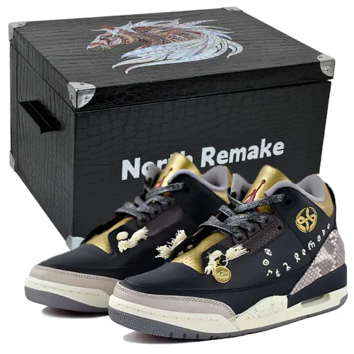 Jordan Air Jordan 3 Slip Resistant Abrasion Resistant Mid top Vintage Basketball Shoes Women's Black Gold