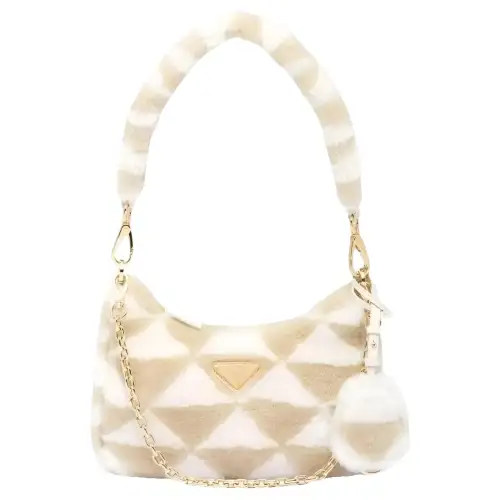PRADA Plush Hobo Bag, Fuzzy Bag, Shoulder Bag, Handbag Women's Khaki/White