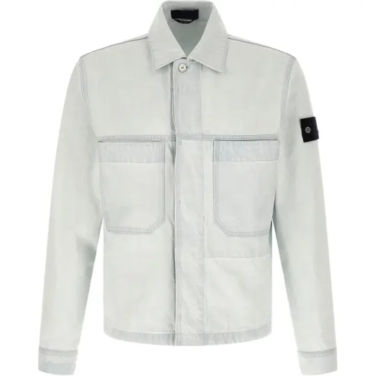STONE ISLAND SS26 Denim Research Collection Мужская джинсовая куртка с длинными рукавами и невидимыми пуговицами с логотипом