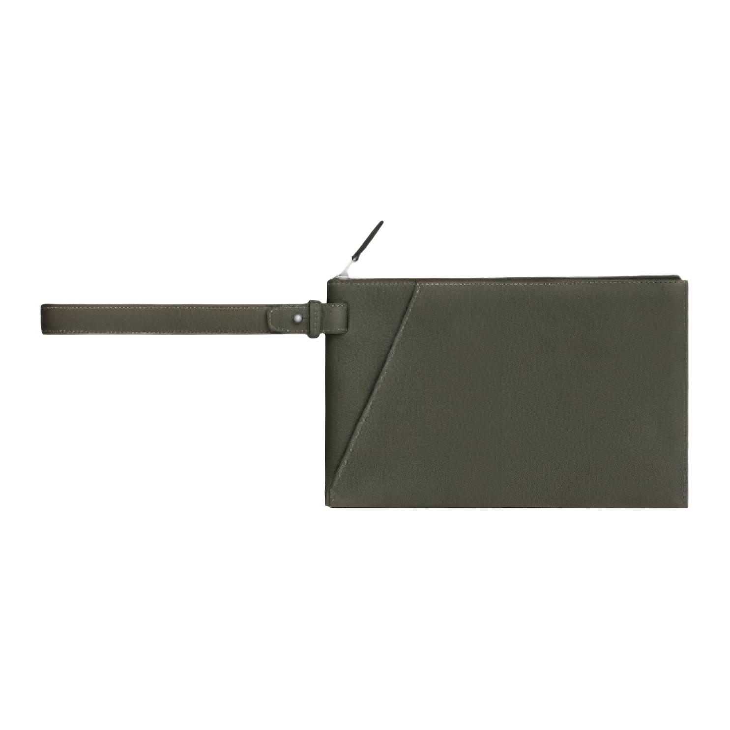 HERMES Cabavertige Cow Leather Clutch Men's Gray Green